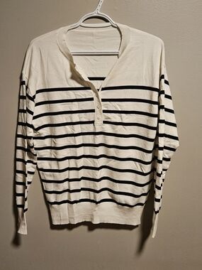 SHEIN Cream and Black Striped V-Neck Henley Sweater